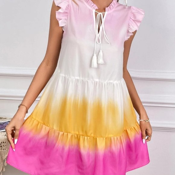 Tie Dye Frill Tie Neck Ruffle Hem Smock Dress - Picture 2 of 5